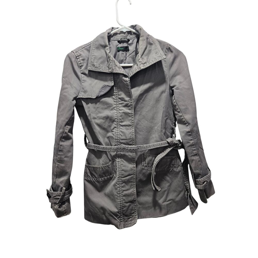 Vintage Y2K Stile Benetton Gray Cotton Belted Trench Jacket Women’s S